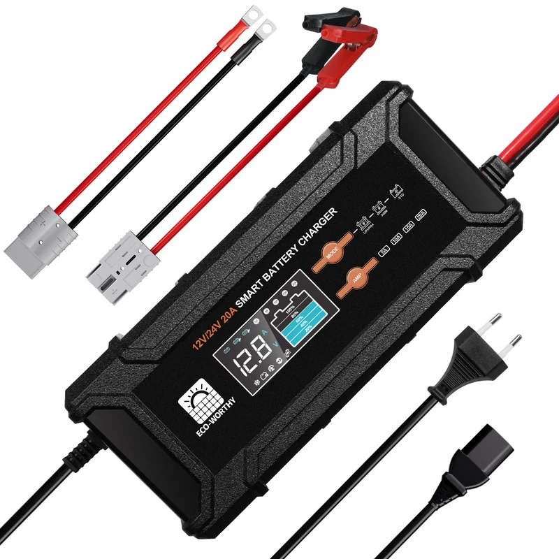 ECO-WORTHY 20A 12V/24V intelligentes Batterieladegerät mit LCD-Display für die meisten Batterien
