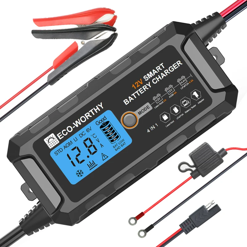 ECO-WORTHY-5A & 10A 12V Automatisches Intelligentes Batterie-Ladegerät mit LCD-Display für Lithium(LiFePO4) Batterien