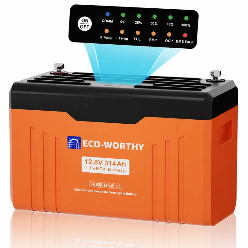 ECO-WORTHY EnergyTrek-Serie 12V 314Ah LiFePO4 Lithium Batterie—Bluetooth und Untertemperaturschutz—LED-Statusleuchte