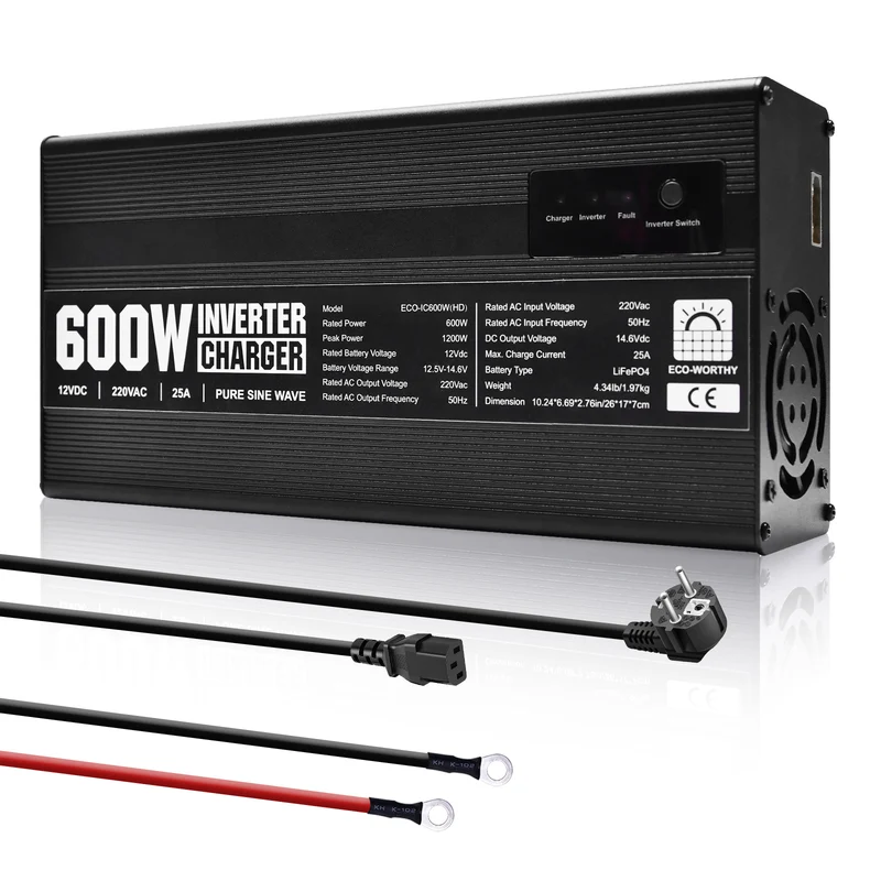 14,6V 25A LiFePO4 Ladegerät mit 600W Wechselrichter 12V bis 230V für Batterie