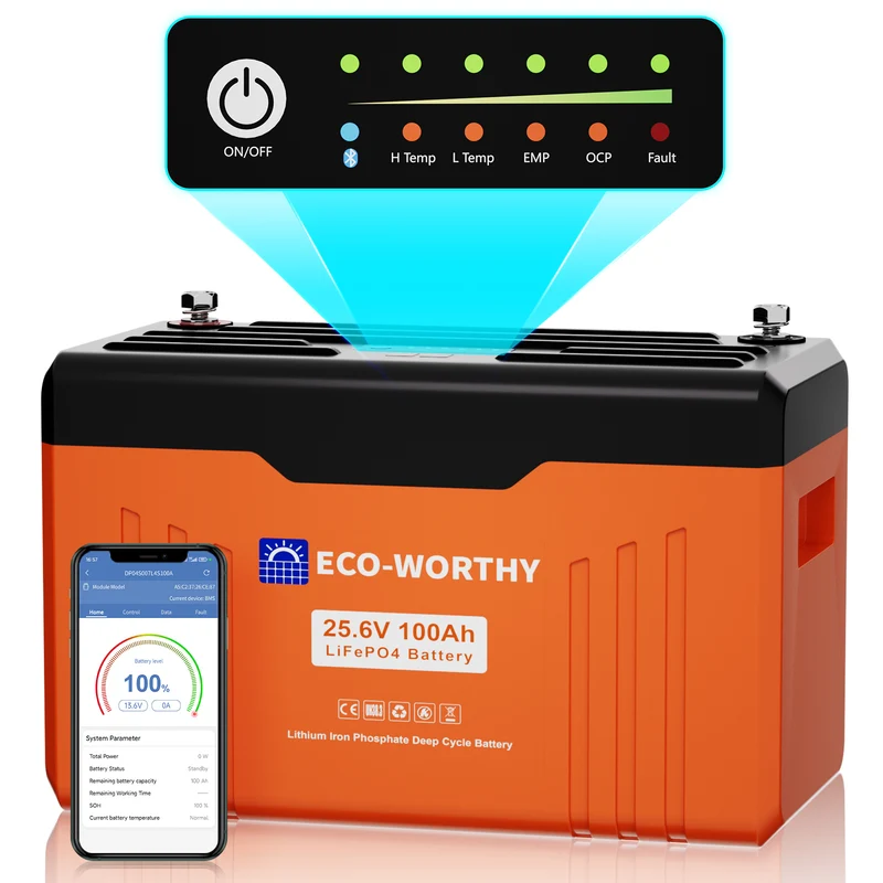 ECO-WORTHY EnergyTrek-Serie 24V 100Ah LiFePO4 Lithium Batterie—Bluetooth und Untertemperaturschutz—LED-Statusleuchte