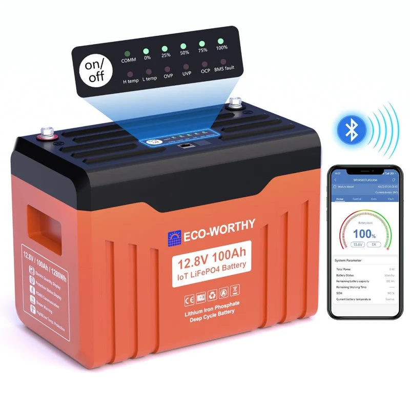 ECO-WORTHY EnergyTrek-Serie 12V 100Ah LiFePO4 Lithium Batterie—Bluetooth und Untertemperaturschutz—LED-Statusleuchte