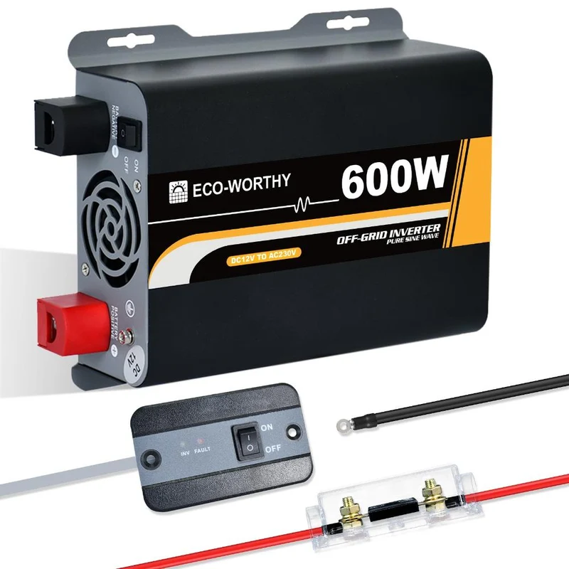 ECO-WORTHY 600W 12V Solar Wechselrichter Reiner Sinus DC 12V AC 230V (Generalüberholt – Originalverpackung)