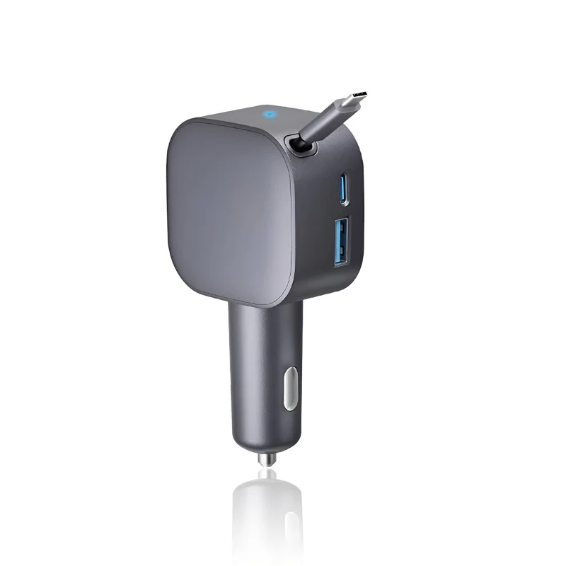 2-in-1 Einziehbares Autoladegerät – 105W, USB-A & USB-C 20W, 70 cm Kabel, kompakt