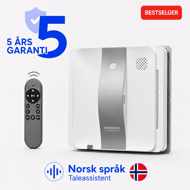 Profesjonell vindusvaskerobot HESTER M3 PRO Extra Clean med AI-navigasjon og hjørnerengjøring for vinduer, speil og fliser