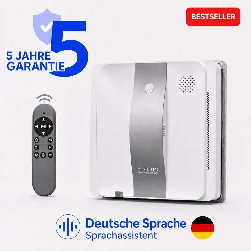 Professioneller Fensterputzroboter HESTER M3 PRO Extra Clean mit KI-Navigation und Eckenreinigung für Fenster, Spiegel und Fliesen