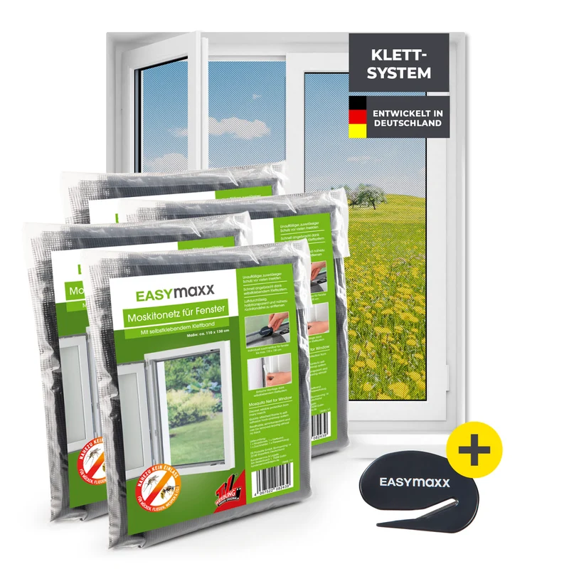 Moskitonetz für Fenster mit selbstklebendem Klettband - 4er-Set - 110 x 130 cm - Schwarz