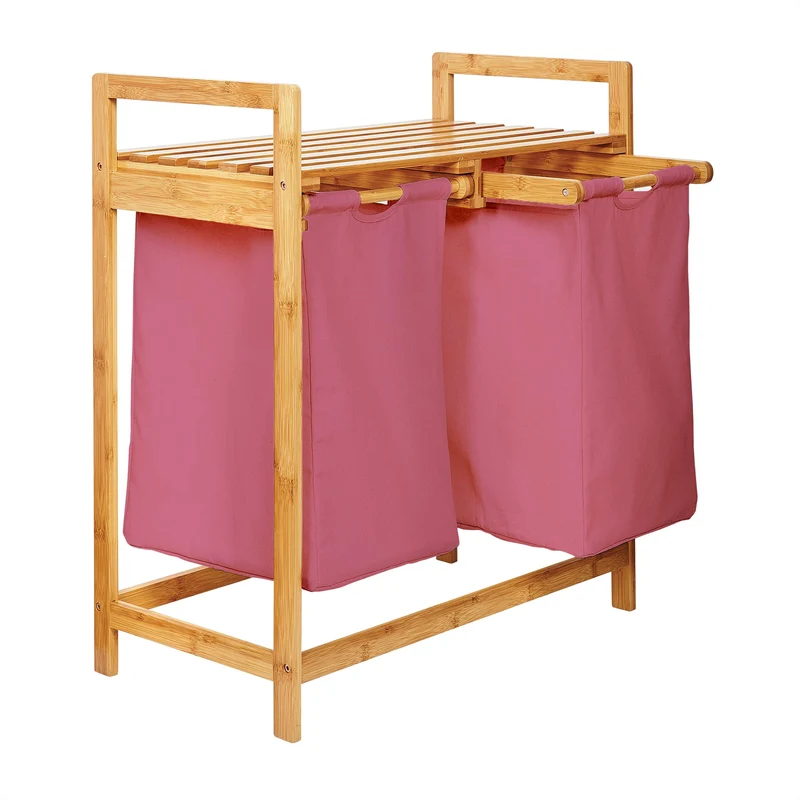 Bambus Wäschekorb mit 2 ausziehbaren Wäschesacken - 73 x 64 x 33 cm - Rosa