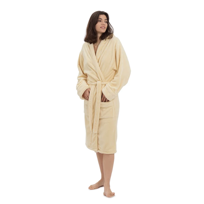 Luxury Mikrofaser Bademantel mit Kapuze für Damen und Herren - Creme - Größe S