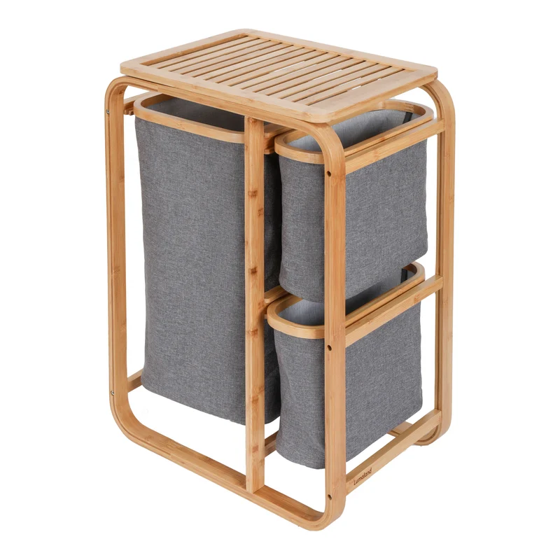 Bambus Wäschekorb - 1 XL Fach + 2 Kompaktfächer - 49,5 x 33 x 71 cm - Grau