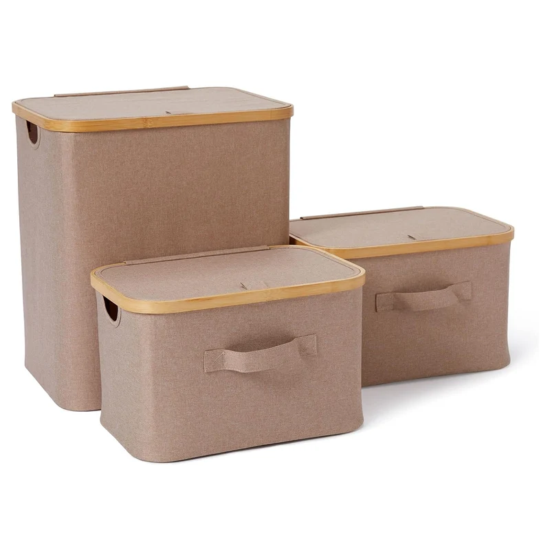 Aufbewahrungsbox mit Bambus-Rahmen - 3er-Set - Taupe