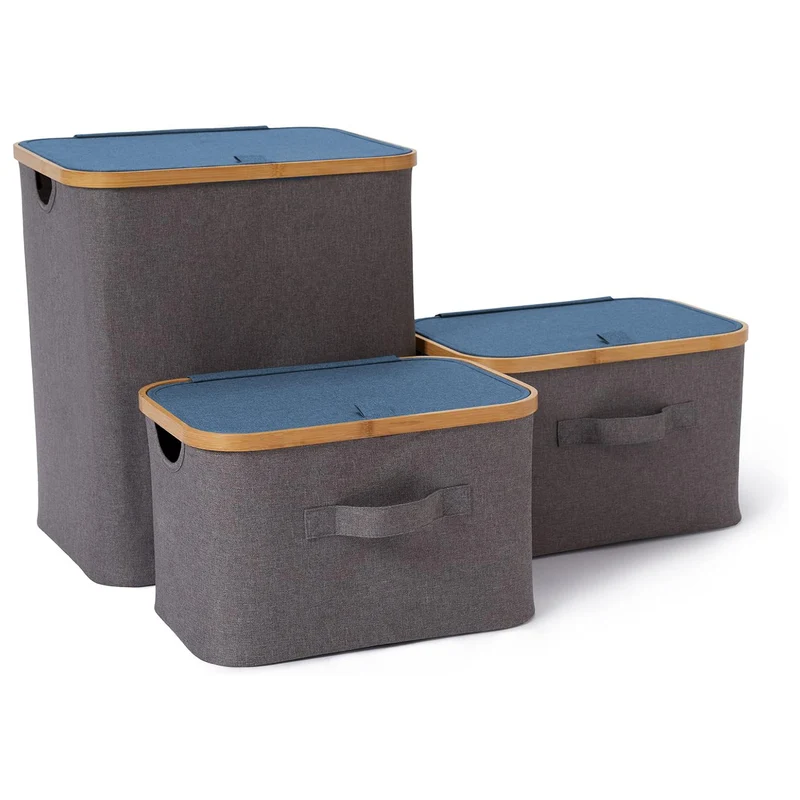 Aufbewahrungsbox mit Bambus-Rahmen - 3er-Set - Grau/Blau