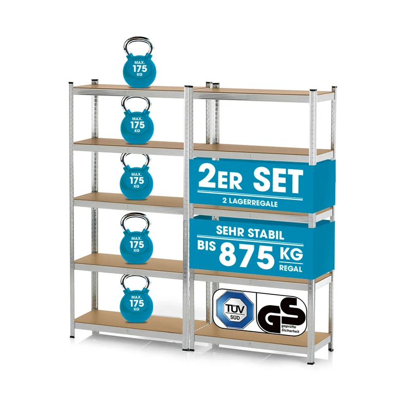 Schwerlastregal & Werkbank mit GS - Bis zu 175 kg Tragkraft je Regalboden - 180 x 90 x 40 cm - 2er-Set