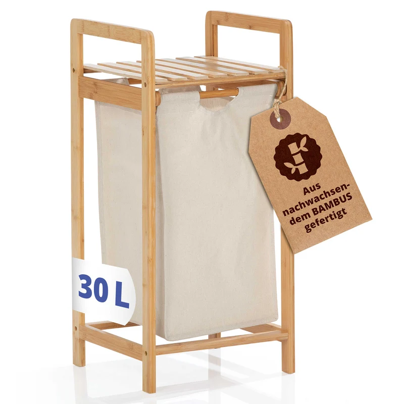 Bambus Wäschekorb mit ausziehbarem Wäschesack - 33 x 33 x 73 cm - Beige