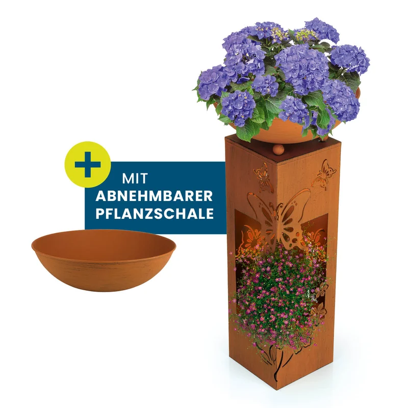 LED Pflanzsäule "Schmetterling" in 3D Rost-Optik - 19 x 19 x 72 cm