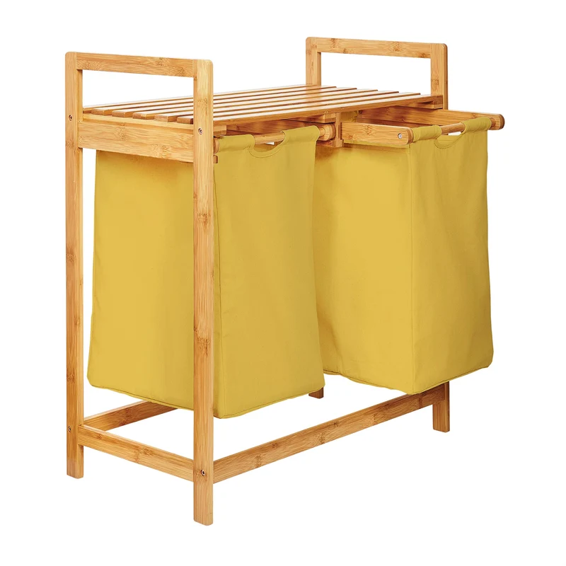Bambus Wäschekorb mit 2 ausziehbaren Wäschesacken - 73 x 64 x 33 cm - Gelb