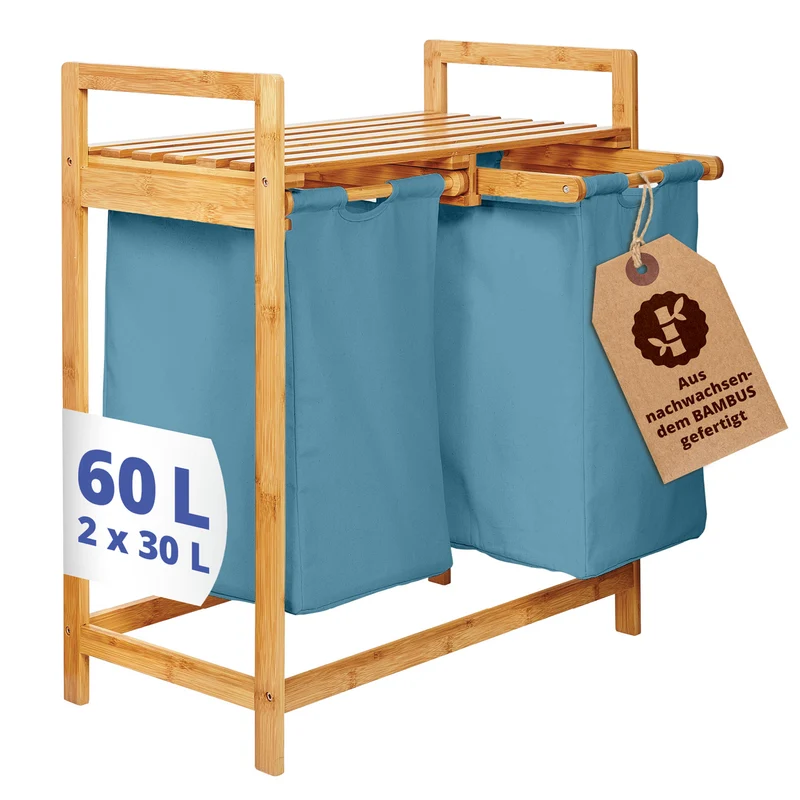 Bambus Wäschekorb mit 2 ausziehbaren Wäschesacken - 73 x 64 x 33 cm - Blau