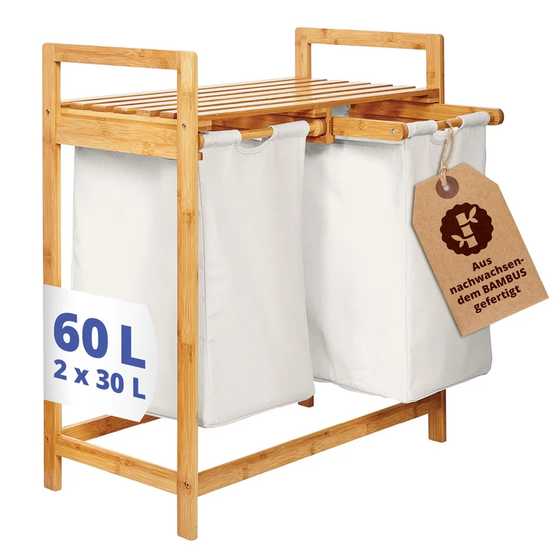 Bambus Wäschekorb mit 2 ausziehbaren Wäschesacken - 73 x 64 x 33 cm - Weiß