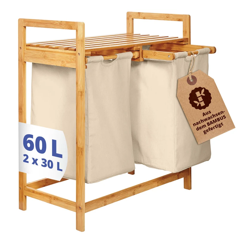 Bambus Wäschekorb mit 2 ausziehbaren Wäschesacken - 73 x 64 x 33 cm - Beige