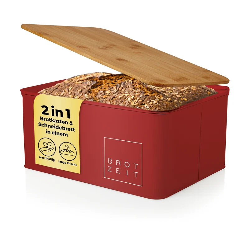 Cuisine Brotkasten aus Metall mit Bambus Deckel - Rechteckig 30,5 x 23,5 x 14 cm - Rot