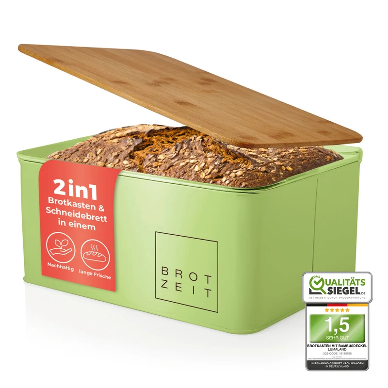 Cuisine Brotkasten aus Metall mit Bambus Deckel - Rechteckig 30,5 x 23,5 x 14 cm - Mintgrün