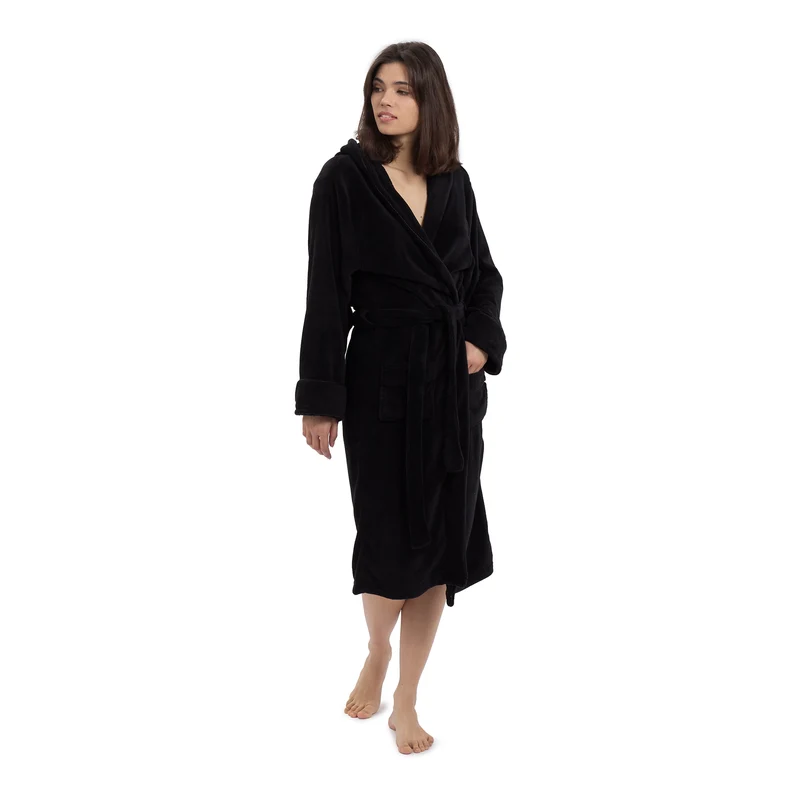 Luxury Mikrofaser Bademantel mit Kapuze für Damen und Herren - Schwarz - Größe L