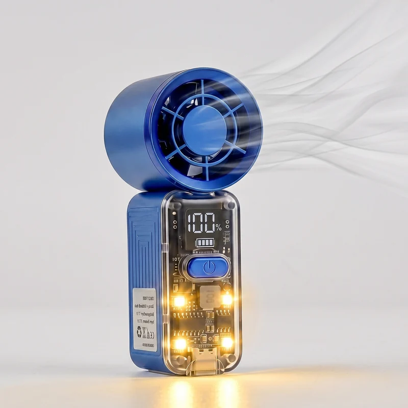 LIVMORE Hochgeschwindigkeits-Taschenventilator, LED-Leuchte, 3000-mAh-Akku, 6 Geschwindigkeitsstufen, Blau