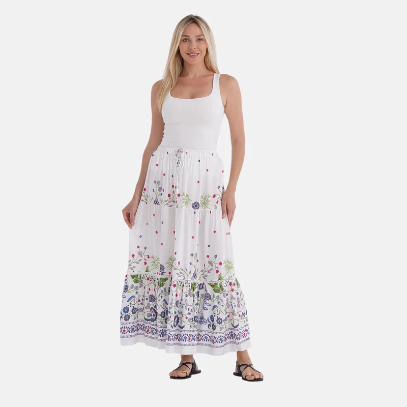 Maxirock mit Blumenprint aus 100% Viskose, 90 cm, Weiß mit floralen Akzenten - Einheitsgröße, passend für 36-42, Violett