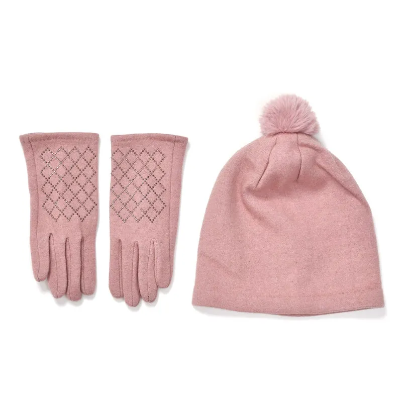 LA MAREY - 2er-Set Elegante Kaschmir Mützen und Handschuhen mit Mikroplüsch Futter, Marineblau