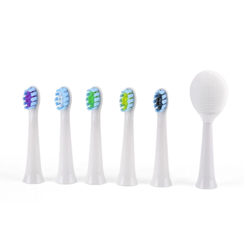 Set of 6pcs replacement head - white 5PCS Nylon Brush+1PC Silicone Brush Size: Nylon Brush:8*2cm; Silicone Brush:9.5*2cm Weight: 40g Material: ABS
